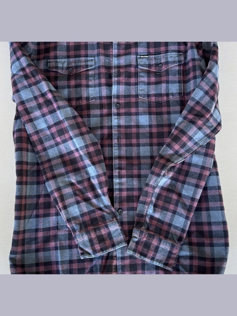 Volcom Flannel Shirt Pink Blue Grey Plaid Size L